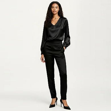 Women's Satin V-Neck Blouse with Long Balloon Sleeves and Wide Cuffs