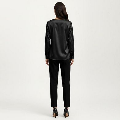 Women's Satin V-Neck Blouse with Long Balloon Sleeves and Wide Cuffs
