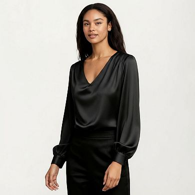 Women's Satin V-Neck Blouse with Long Balloon Sleeves and Wide Cuffs