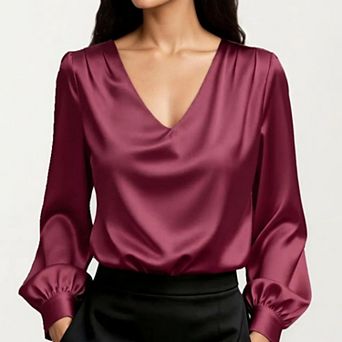 Women's Satin V-Neck Blouse with Long Balloon Sleeves and Wide Cuffs