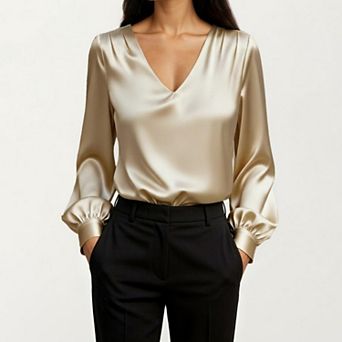 Women's Satin V-Neck Blouse with Long Balloon Sleeves and Wide Cuffs