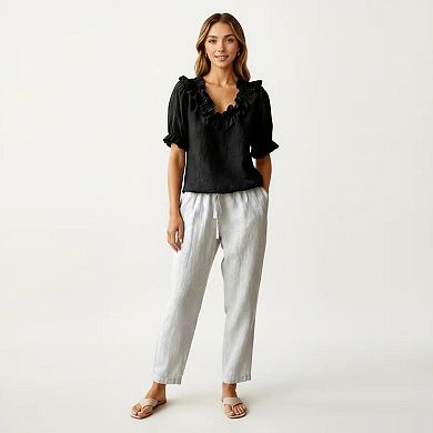 Women's Ruffle Neck Blouse with Short Puff Sleeves and Textured Linen-Like Fabric