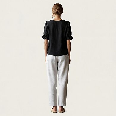 Women's Ruffle Neck Blouse with Short Puff Sleeves and Textured Linen-Like Fabric