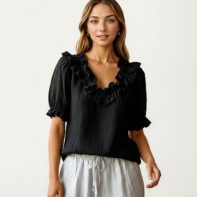 Women's Ruffle Neck Blouse with Short Puff Sleeves and Textured Linen-Like Fabric