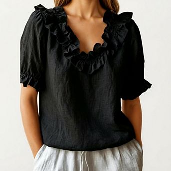 Women's Ruffle Neck Blouse with Short Puff Sleeves and Textured Linen-Like Fabric