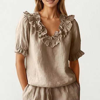 Women's Ruffle Neck Blouse with Short Puff Sleeves and Textured Linen-Like Fabric