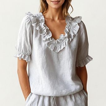 Women's Ruffle Neck Blouse with Short Puff Sleeves and Textured Linen-Like Fabric