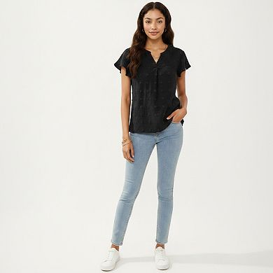 Women's Short Sleeve Swiss Dot Top with Split Neckline and Soft Textured Fabric