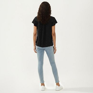 Women's Short Sleeve Swiss Dot Top with Split Neckline and Soft Textured Fabric