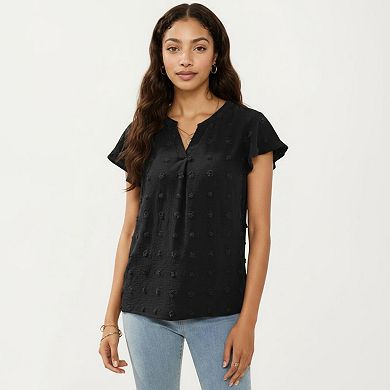 Women's Short Sleeve Swiss Dot Top with Split Neckline and Soft Textured Fabric
