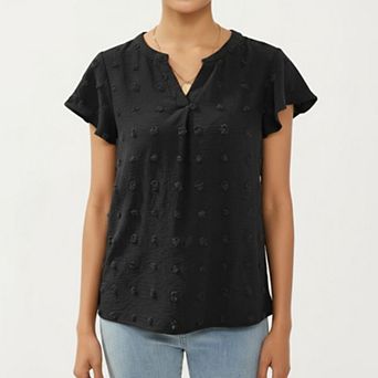 Women's Short Sleeve Swiss Dot Top with Split Neckline and Soft Textured Fabric