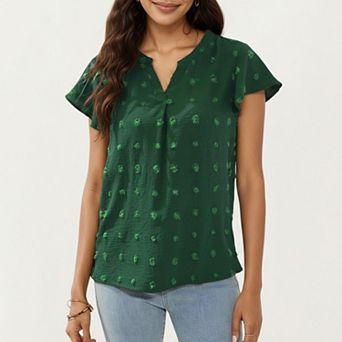 Women's Short Sleeve Swiss Dot Top with Split Neckline and Soft Textured Fabric