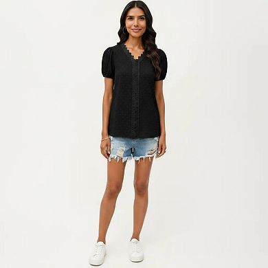 Women's Short Sleeve Swiss Dot Top with Lace Trim V-Neck and Puff Sleeves