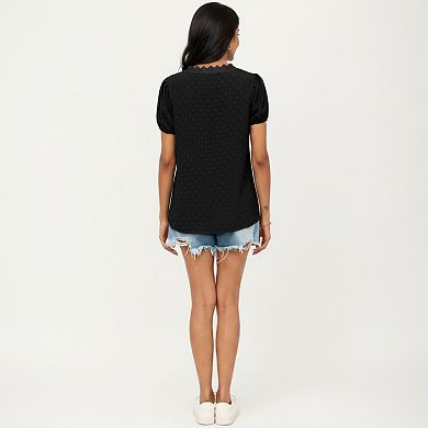 Women's Short Sleeve Swiss Dot Top with Lace Trim V-Neck and Puff Sleeves