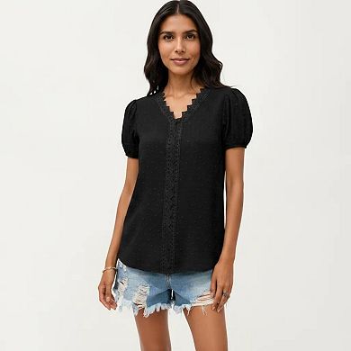 Women's Short Sleeve Swiss Dot Top with Lace Trim V-Neck and Puff Sleeves