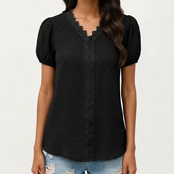 Women's Short Sleeve Swiss Dot Top with Lace Trim V-Neck and Puff Sleeves