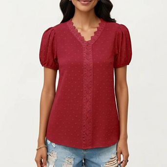 Women's Short Sleeve Swiss Dot Top with Lace Trim V-Neck and Puff Sleeves