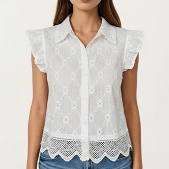 Women's Sleeveless Button Front Eyelet Top with Ruffle Shoulders and Scalloped Hem