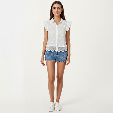Women's Sleeveless Button Front Eyelet Top with Ruffle Shoulders and Scalloped Hem