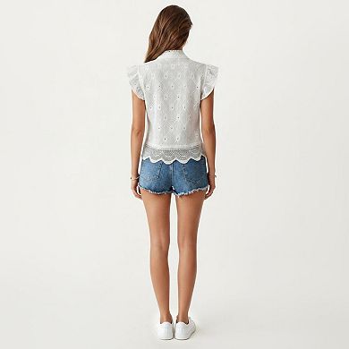 Women's Sleeveless Button Front Eyelet Top with Ruffle Shoulders and Scalloped Hem
