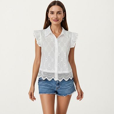 Women's Sleeveless Button Front Eyelet Top with Ruffle Shoulders and Scalloped Hem