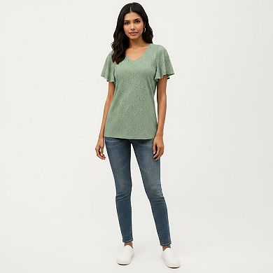 Women's Short Sleeve Eyelet V-Neck Top with Floral Embroidery and Flutter Sleeves