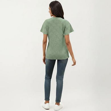 Women's Short Sleeve Eyelet V-Neck Top with Floral Embroidery and Flutter Sleeves