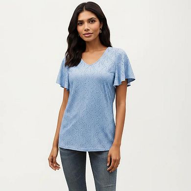 Women's Short Sleeve Eyelet V-Neck Top with Floral Embroidery and Flutter Sleeves