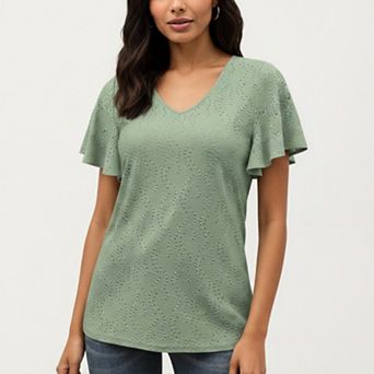 Women's Short Sleeve Eyelet V-Neck Top with Floral Embroidery and Flutter Sleeves