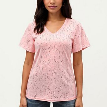 Women's Short Sleeve Eyelet V-Neck Top with Floral Embroidery and Flutter Sleeves
