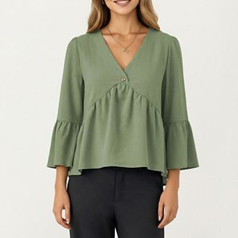 Women's V-Neck Bell Sleeve Peplum Blouse with Button Detail and Gathered Waist