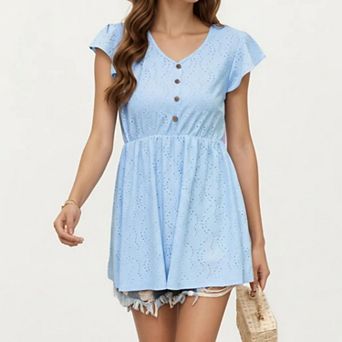 Women's Eyelet Babydoll Top with V-Neckline Button Front and Flutter Sleeves