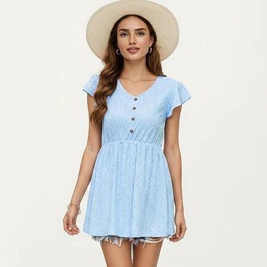 Women's Eyelet Babydoll Top with V-Neckline Button Front and Flutter Sleeves