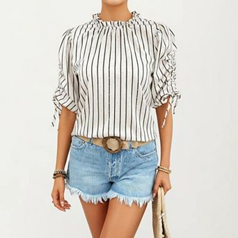 Women's Striped Short Sleeve Blouse with Ruffle Trim High Neck and Ruched Tie Sleeves