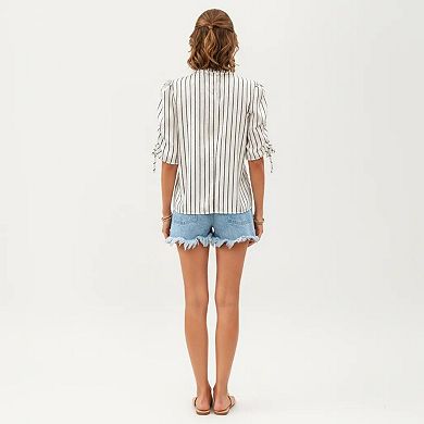 Women's Striped Short Sleeve Blouse with Ruffle Trim High Neck and Ruched Tie Sleeves