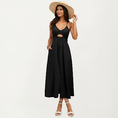 Women's Sleeveless Maxi Dress with Cutout Front and Smocked Back
