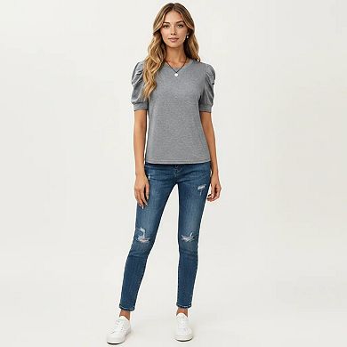 Women's Short Sleeve Puff Sleeve Knit Top with Crew Neck and Soft Textured Fabric