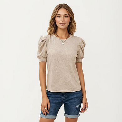 Women's Short Sleeve Puff Sleeve Knit Top with Crew Neck and Soft Textured Fabric
