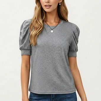Women's Short Sleeve Puff Sleeve Knit Top with Crew Neck and Soft Textured Fabric