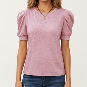 Women's Short Sleeve Puff Sleeve Knit Top with Crew Neck and Soft Textured Fabric