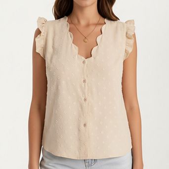 Women's Sleeveless Swiss Dot Button Front Top with Ruffle Shoulders and Scalloped Neckline
