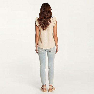 Women's Sleeveless Swiss Dot Button Front Top with Ruffle Shoulders and Scalloped Neckline