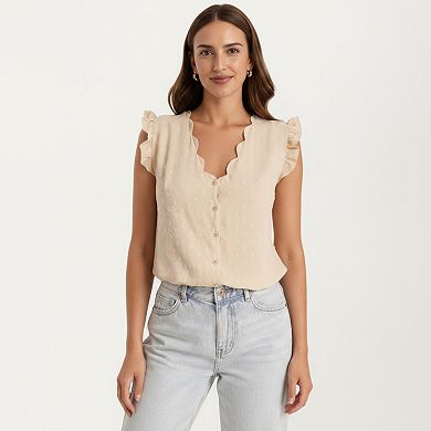 Women's Sleeveless Swiss Dot Button Front Top with Ruffle Shoulders and Scalloped Neckline