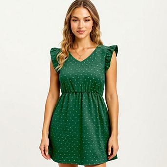 Women's Swiss Dot Babydoll Dress with Ruffle Sleeves and V-Neckline