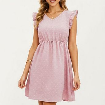 Women's Swiss Dot Babydoll Dress with Ruffle Sleeves and V-Neckline