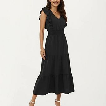 Women's Tiered Midi Dress with Ruffle Sleeves and Smocked Waist