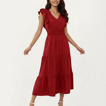 Women's Tiered Midi Dress with Ruffle Sleeves and Smocked Waist
