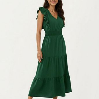 Women's Tiered Midi Dress with Ruffle Sleeves and Smocked Waist