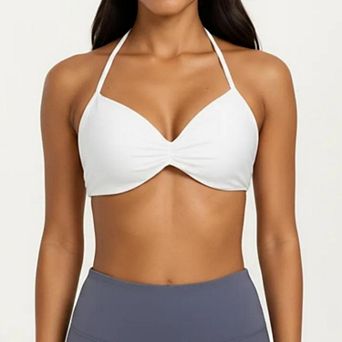 Women's Halter Sports Bra with Ruched Front Detail and Open Back Design