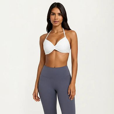 Women's Halter Sports Bra with Ruched Front Detail and Open Back Design